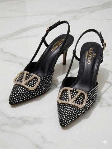 V-Rhinestones Slingback Heels BLACK SG-042