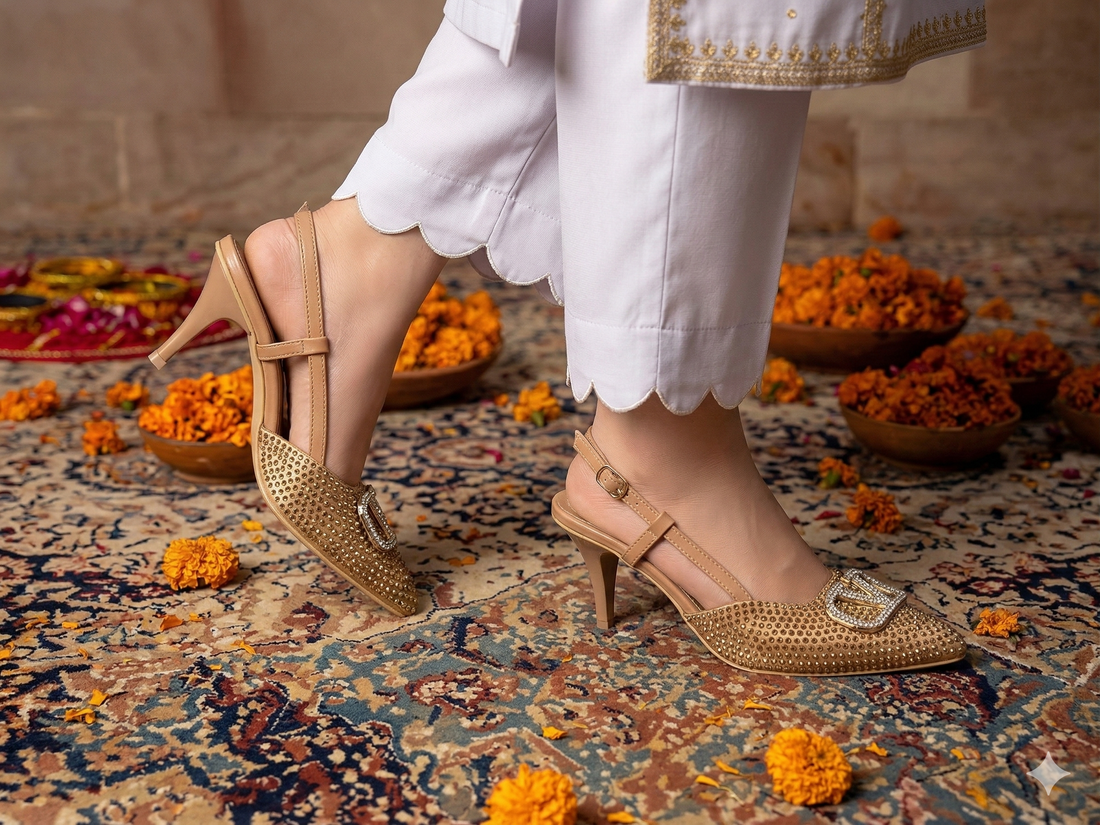 V-Rhinestones Slingback Heels GOLD